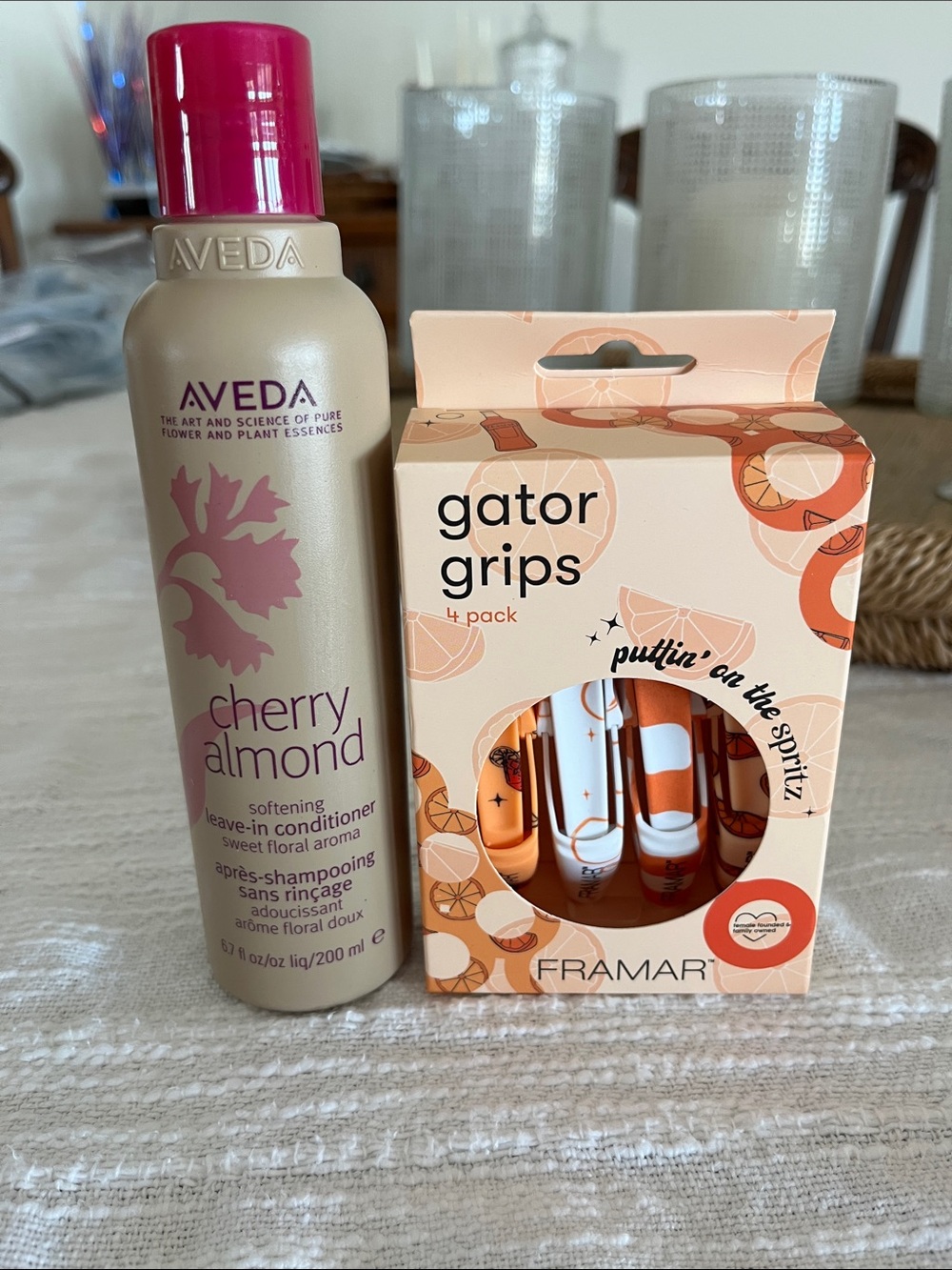 AVEDA Cherry Almond Leave-In Conditioner with Orange and White Gator Grips
